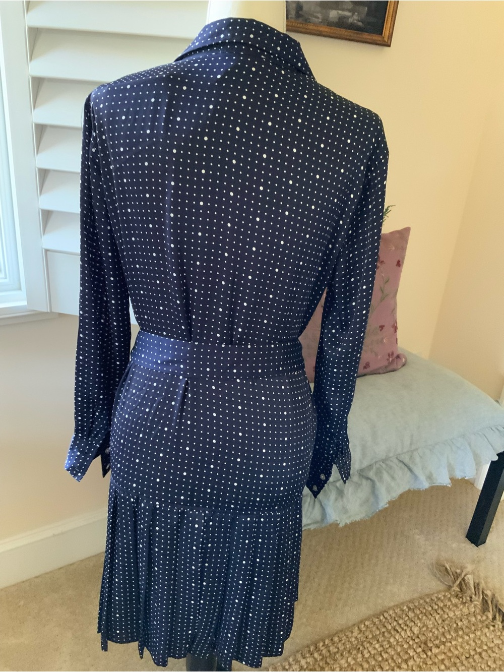 Free Assembly Silky Navy Polka Dot Shirt Dress with Tie Waist - Picture 3 of 6